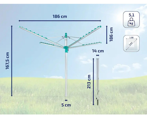 Rotačný sušiak na bielizeň s rozmermi