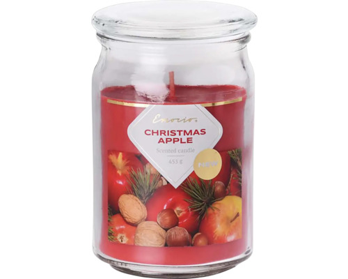 Vianočná vonná sviečka v skle Emocio 9,3 x 14,2 cm so skleneným viečkom Christmas Apple Vonná sviečka v pohári s vôňou jabĺk a vianočného korenia, 453 gramov