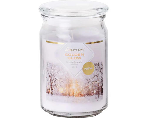 Vianočná vonná sviečka v skle Emocio 9,3 x 14,2 cm so skleneným viečkom Golden Glow Vonná sviečka v skle s motívom zimnej krajiny