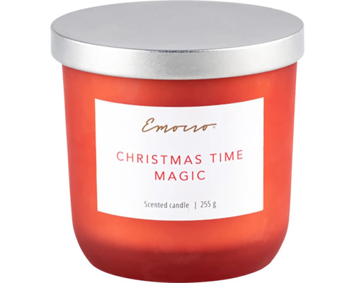 Vianočná vonná sviečka v skle Emocio Ø9,5 x 9 cm s kovovým viečkom Christmas Time Magic 255 g červená Vonná sviečka so strieborným viečkom a nápisom Christmas Time Magic 255 gramov