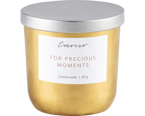 Vianočná vonná sviečka v skle Emocio Ø9,5 x 9 cm s kovovým viečkom Frosted Pine 255 g zlatá Vonná sviečka v dóze s viečkom