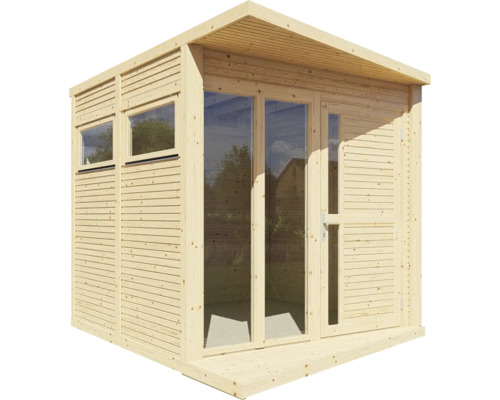 Drevený záhradný domček s oknami a dverami