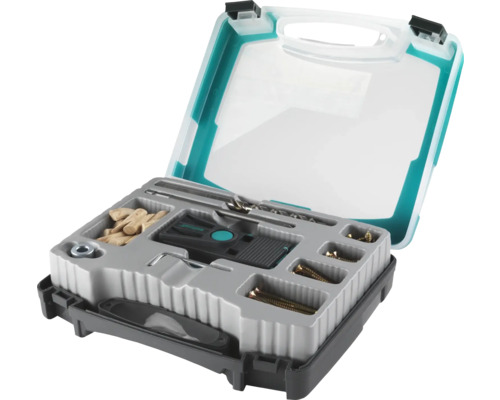 Sada kolíkov Wolfcraft v kufríku na náradie s kolíkmi, skrutkami, vrtákom a príslušenstvom