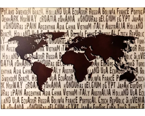 Dekoratívny obrázok mapy sveta s názvami krajín