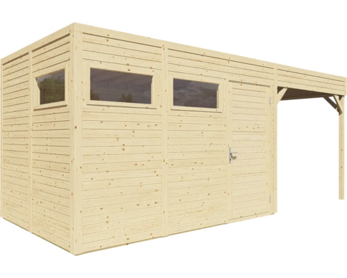 Drevený záhradný domček s oknami, dverami a prestrešením