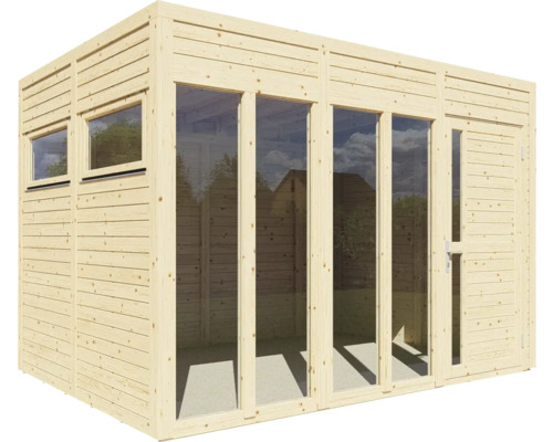 Drevený záhradný domček s oknami a dverami