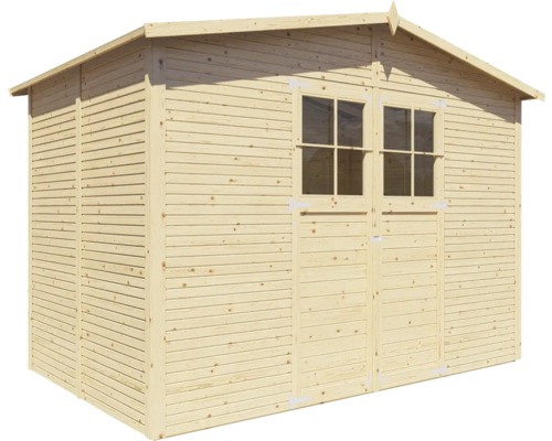 Drevený záhradný domček s dvojkrídlovými dverami a oknami