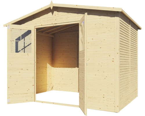 Otvorený drevený záhradný domček s dvojkrídlovými dverami a oknami