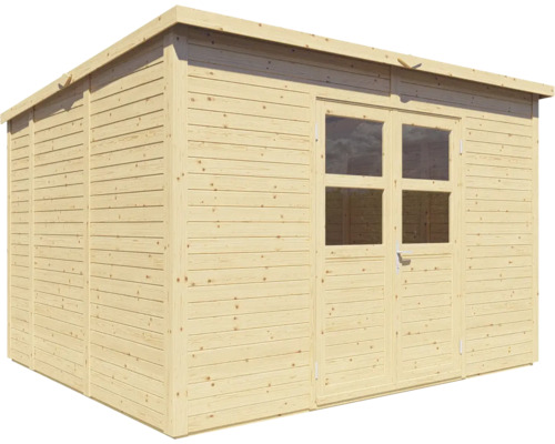 Drevený záhradný domček s dvojkrídlovými dverami a oknami