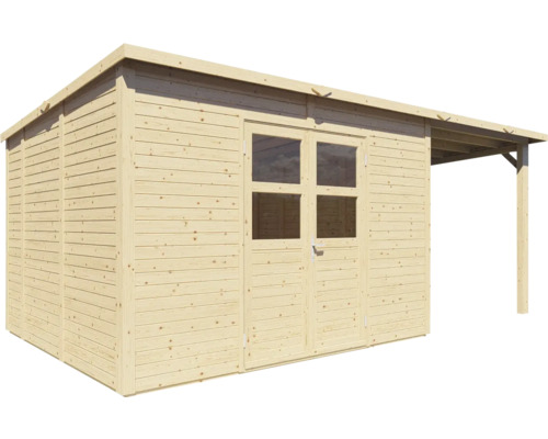 Drevený záhradný domček s dvojkrídlovými dverami a strieškou