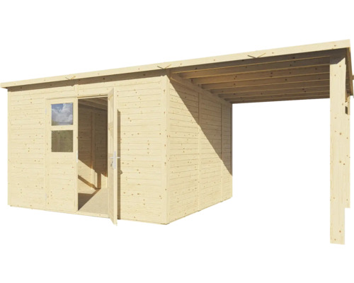 Drevený záhradný domček s markízou a otvorenými dvojkrídlovými dverami.