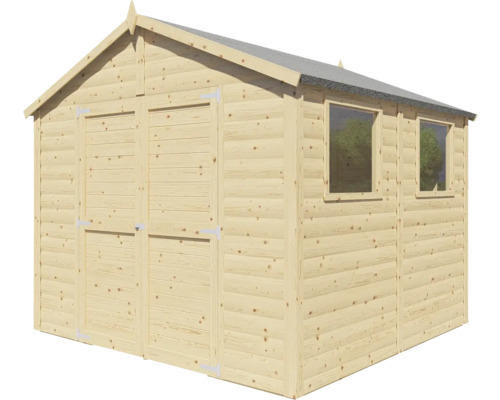 Drevený záhradný domček s dvojkrídlovými dverami a dvoma oknami