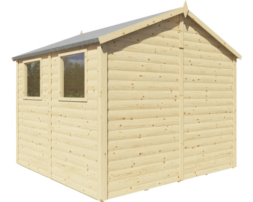 Drevený záhradný domček s dvoma oknami a sedlovou strechou