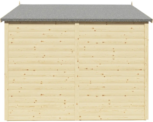 Pohľad zozadu na drevený záhradný domček s lepenkou