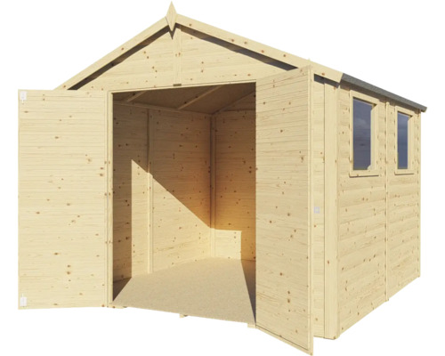 Drevený záhradný domček s dvojkrídlovými dverami a oknami