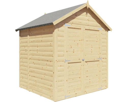 Drevený záhradný domček s dvojkrídlovými dverami a sedlovou strechou