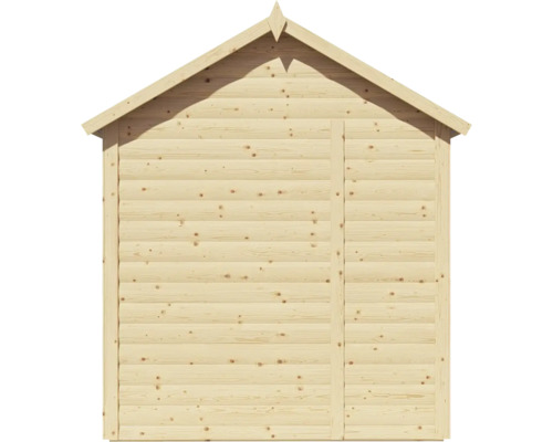 Drevený záhradný domček so sedlovou strechou a dverami
