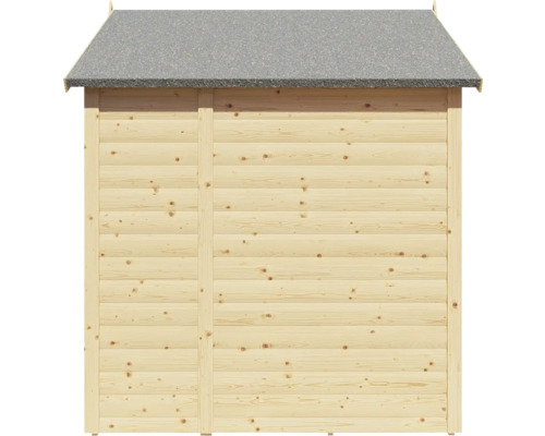 Pohľad zozadu na drevený záhradný domček s lepenkou