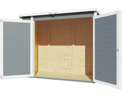 Otvorená drevená kôlňa na náradie s dvojkrídlovými dverami