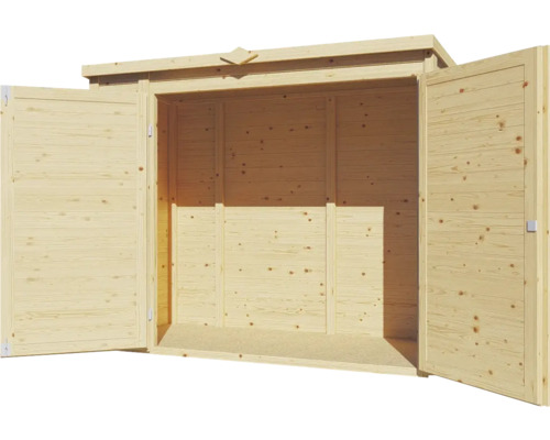 Otvorená drevená kôlňa na náradie s dvojkrídlovými dverami.