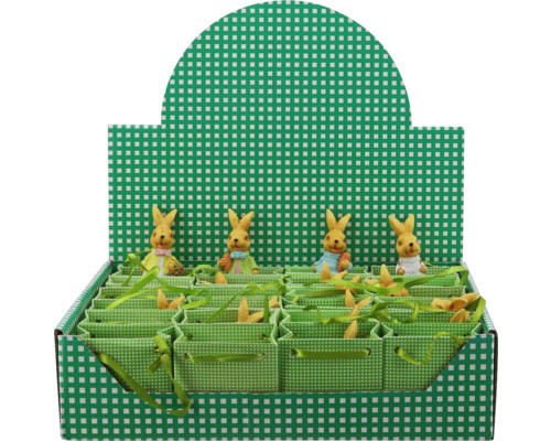 Dekoratívne figúrky veľkonočných zajačikov v zelených kockovaných darčekových taškách s displejom