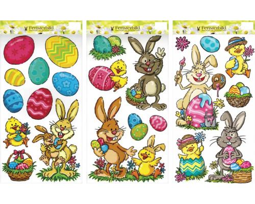 Dekoratívne okenné obrázky s veľkonočnými motívmi ako zajačiky a veľkonočné vajíčka