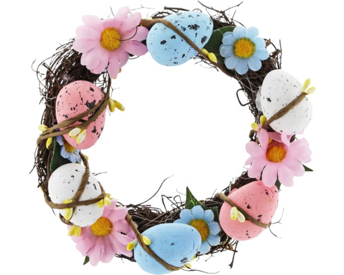Veniec s vajcami polystyrénový Ø 15 cm Dekoratívny veľkonočný veniec s vajíčkami a kvetmi na Veľkú noc.