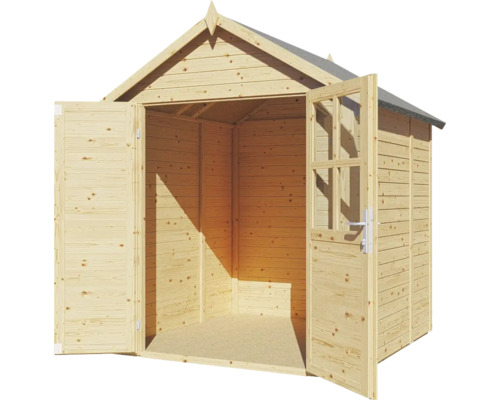 Drevený záhradný domček s otvorenými dvojkrídlovými dverami