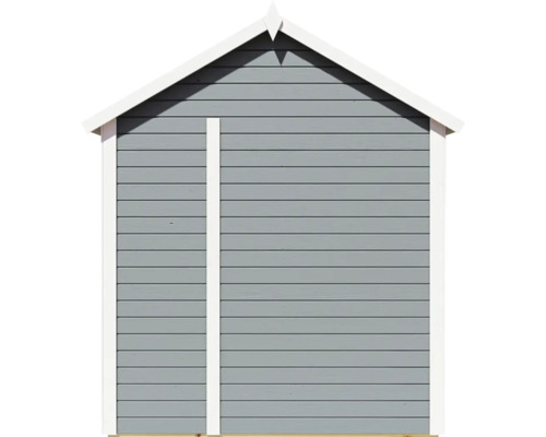 Pohľad spredu na sivý záhradný domček s vodorovným dreveným obkladom