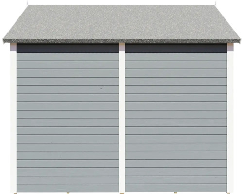 Záhradný domček s horizontálnym dreveným obkladom a sedlovou strechou