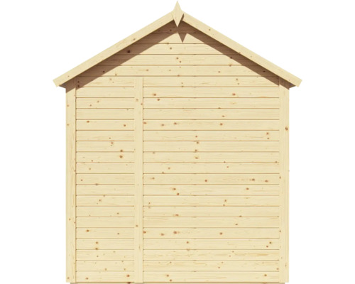 Drevený záhradný domček s dverami a sedlovou strechou