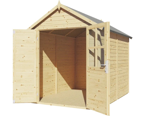 Drevený záhradný domček s dvojkrídlovými dverami a oknami