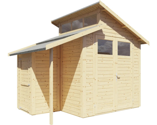 Drevený záhradný domček s dvojkrídlovými dverami, oknami a strieškou.