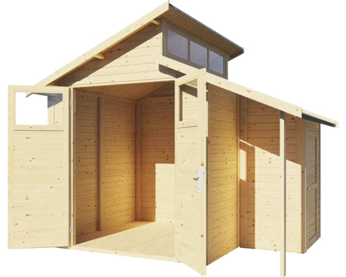 Drevený záhradný domček s otvorenými dverami