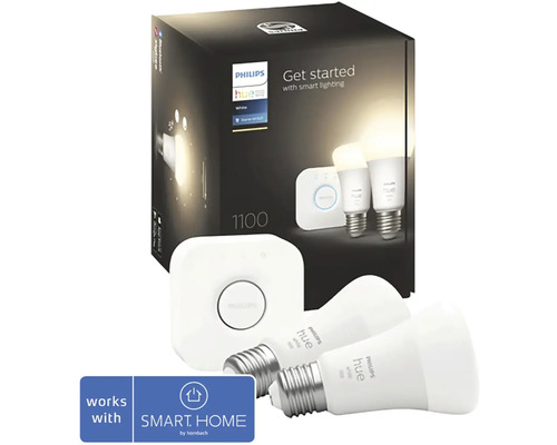 Základná sada Philips Hue White: Bridge + 2x LED žiarovka E27 9W 806lm 2700K - kompatibilná so SMART HOME by hornbach Štartovacia súprava Philips Hue White s dvoma žiarovkami a mostíkom