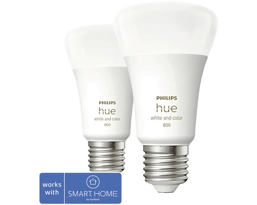 LED žiarovka Philips HUE White Ambiance A60 E27/6 W 670 lm 2200-6500 K 2 ks - kompatibilná so SMART HOME by hornbach Dve LED žiarovky Philips Hue White and Color 800 so znakom Smart Home od spoločnosti Hornbach