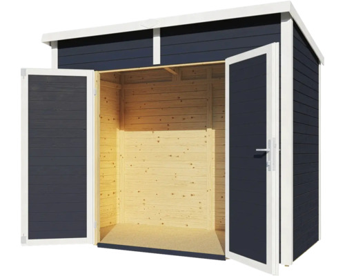 Otvorená drevená kôlňa na náradie s dvojkrídlovými dverami