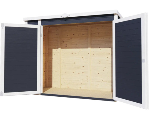 Otvorená drevená kôlňa na náradie s dvojkrídlovými dverami