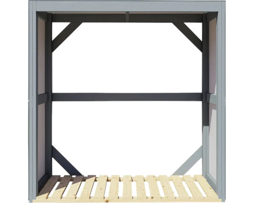 Sklad dreva s drevenou lamelovou podlahou a sivým dreveným rámom