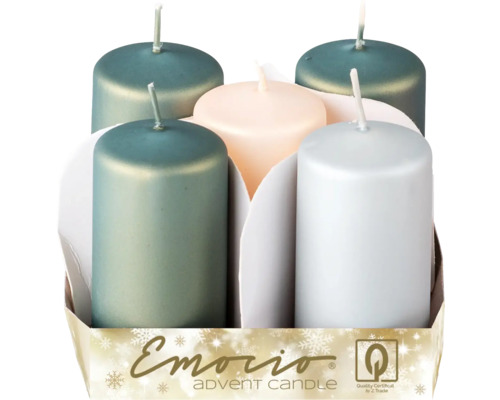 Sviečka valec Emocio Ø4 × 7,5 cm 5 ks metalický matný zelený mix Emorio adventné sviečky, šesť kusov