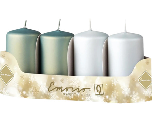Adventné sviečky Emocio valec Ø5 x 9 cm metalické matné zelené 4 ks Sada adventných sviečok Emorio, štyri kusy