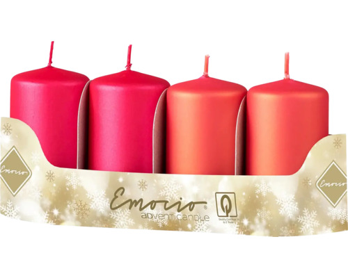 Adventné sviečky Emocio valec 50 x 90 mm metalické matné ružové 4 ks Štyri červené adventné sviečky v balení
