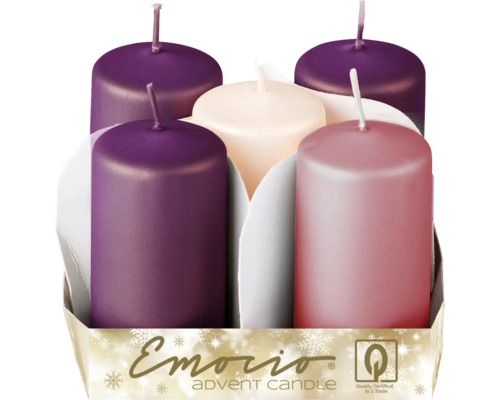 Sviečka valec Emocio Ø4 × 7,5 cm 5 ks metalický matný fialový mix Sada adventných sviečok s piatimi sviečkami rôznych farieb