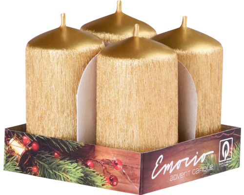 Adventné sviečky Emocio valec 4ks 40 x 75 mm zlaté Štyri zlaté adventné sviečky v balení.