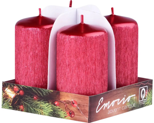 Adventné sviečky Emocio valec 40 x 75 mm drápané červené 4 ks Štyri červené adventné sviečky v balení