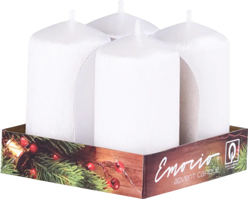Adventné sviečky Emocio valec Ø4 × 7,5 cm perleťovo biele 4 ks Štyri biele adventné sviečky v ozdobnom balení.
