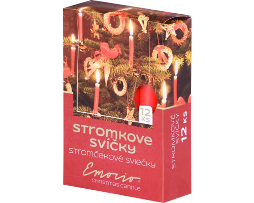 Vianočné sviečky stromčekové Emocio 1,2 x 10 cm 12 ks červené Balenie dvanástich vianočných sviečok na stromček