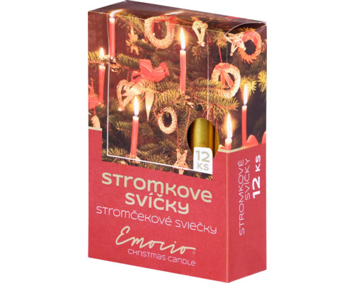 Vianočné sviečky stromčekové Emocio 1,2 x 10 cm 12 ks metalické zlaté Balenie vianočných sviečok Emorio, 12 kusov