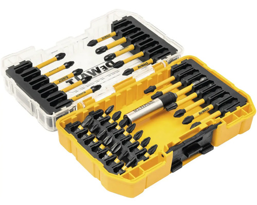 Sada skrutkovacích bitov DeWalt s rôznymi bitmi a držiakom v žltom a priehľadnom úložnom boxe