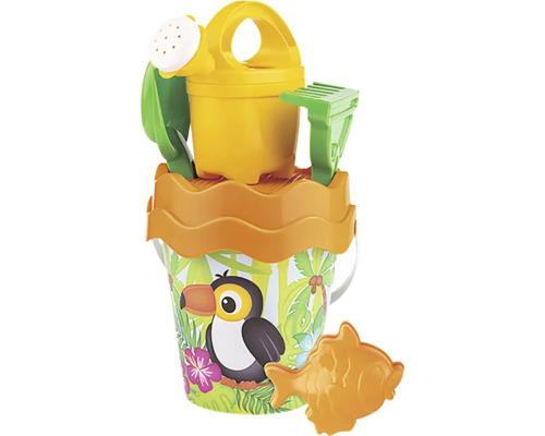 Súprava plážového vedra s kanvou, lopatou, hrabľami a formičkou na ryby